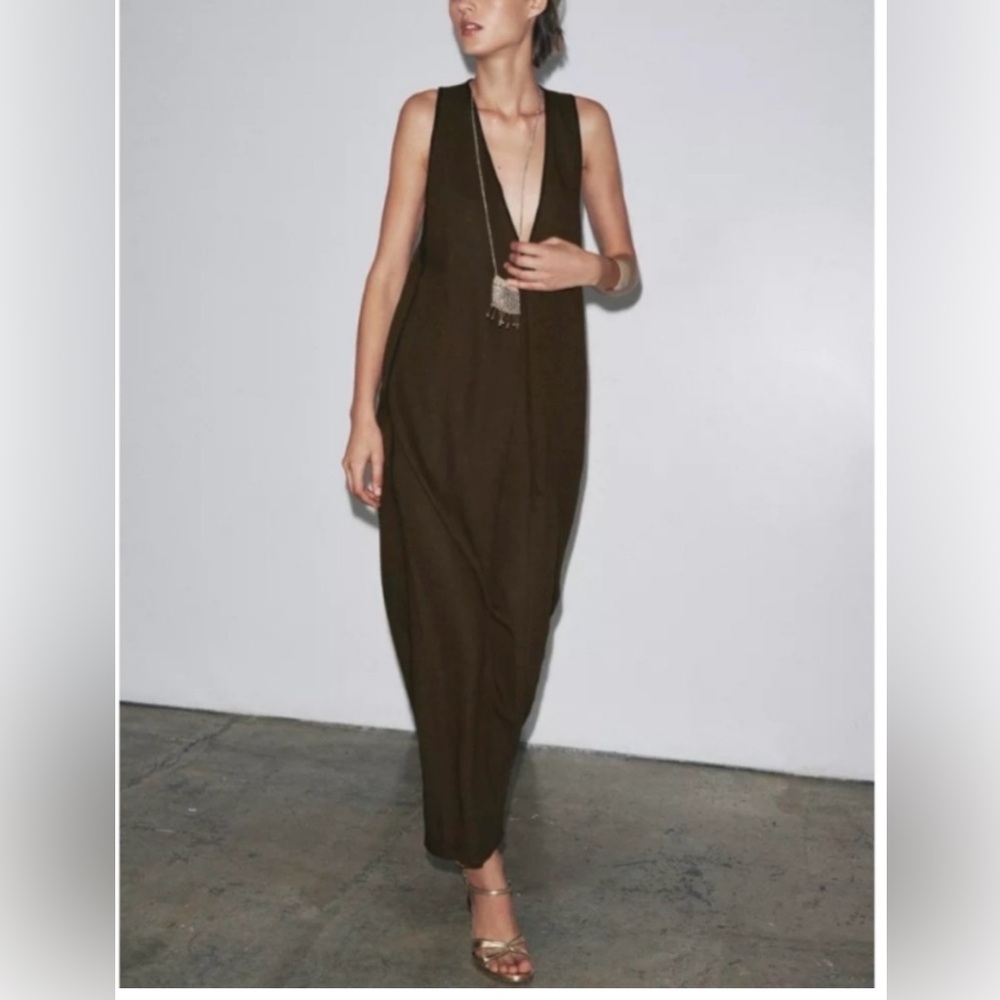 ZARA Collection linen blend Sleeveless V-Neck Brown maxi midi dress Medium NWOT
